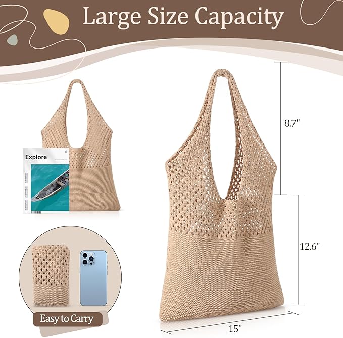 Premillow Crochet Beach Tote Bags, Stylish Mesh Beach Bags Shoulder Bag for Women, Cute Summer Vacation Boho Tote Bag