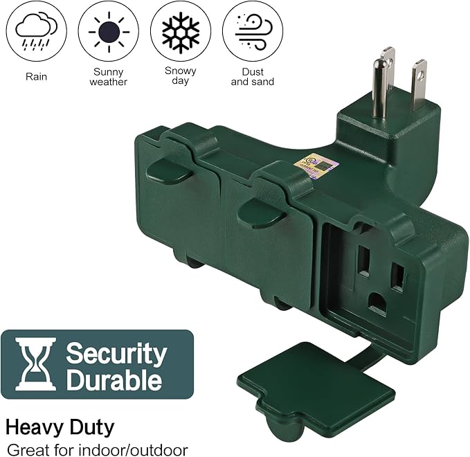3 Outlet Outdoor Wall Adapter, UL Listed 3-Prong Grounded Outlet Splitter, Weatherproof Heavy Duty Multi Outlet Power Plug Extender with Dust-Proof Cover, Green (1 Pack)