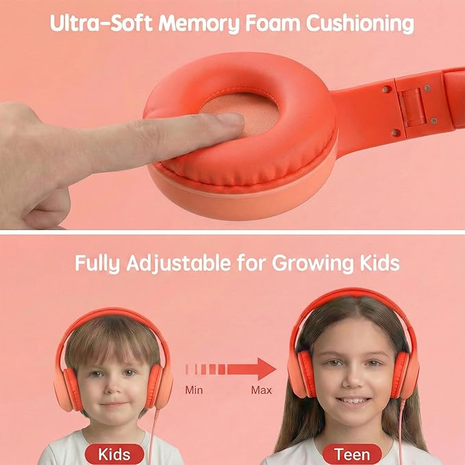 ADOOPE Wired Kids Headphones with USB C Plug, 85dB Safe Volume, Adjustable Headband, Tangle-Free Cord Headphones for School, Tablet, Travel (Coral Red & Soft Peach, Without Microphone)