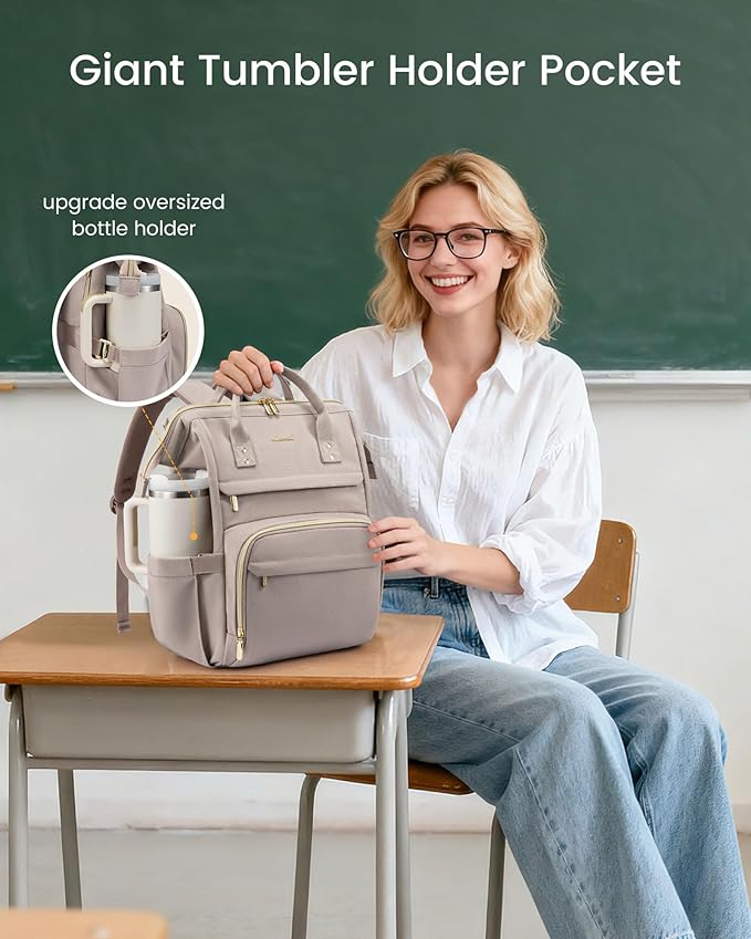LOVEVOOK Laptop Backpack for Women with Giant Tumbler Holder Pocket,15.6 inch Waterproof Travel Backpack Purse Computer Laptop Bag,Professional Work College Nurse Teacher Backpack Daypack,Grayish-pink