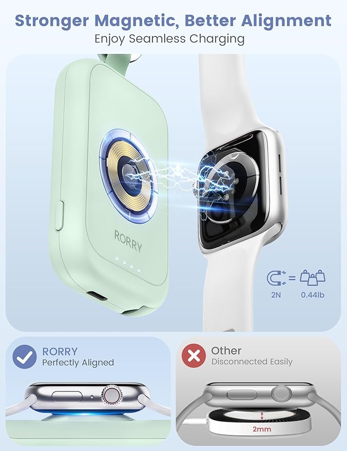 RORRY CharmGo Charger for Apple Watch Series 10, 2500mAh Fast Charging Portable Charger for iWatch, Travel Charger with Built-in USB C Cable for Apple Watch Ultra Series 9 8 7 6 3 Accessories, Green