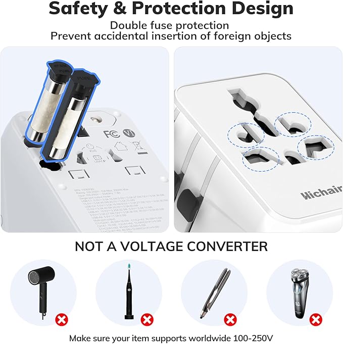 Hichain Universal Travel Adapter, 7-in-1 International Power Adapter 35W Fast Charging Adapter for Europe Plug Universal Power Block, GaN Travel Adapter Worldwide Portable Plug for EU, UK, US, AUS
