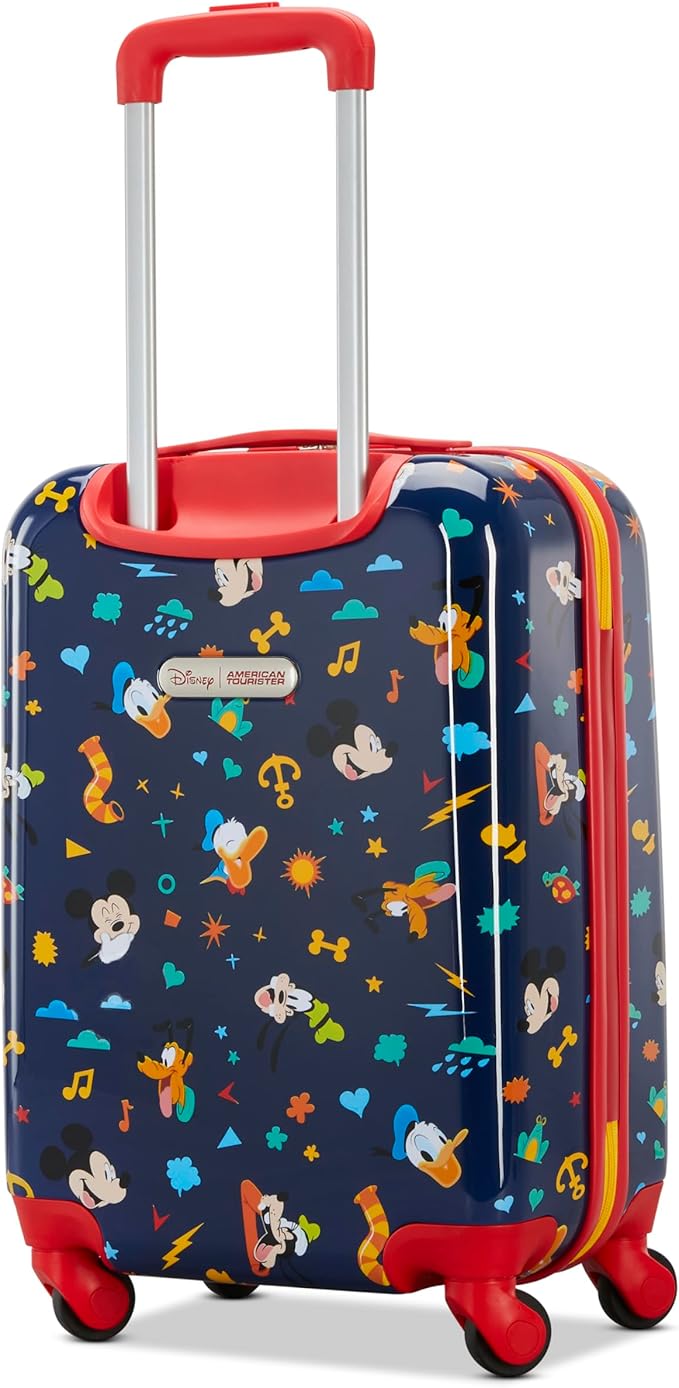 American Tourister Mickey Mouse Carry-On Luggage - Airline Approved, Durable Hardshell with Micky, Donald Duck, Pluto & Goofy - Roll Confidentially with Spinner Wheels & Colorful Adjustable Handle