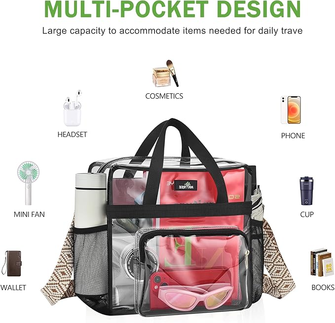 MAY TREE Clear Bag for Stadium Events, 12x6x17 Clear Tote Bag with Removable Strap, Transparent Bag for Concert Sports Gym, Beige Cube-Strap