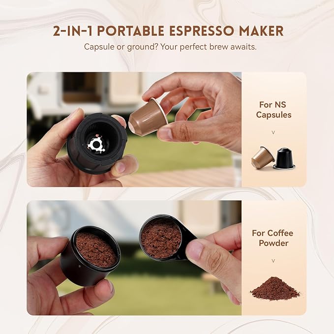 Portable Electric Espresso Machine, Self-Heating Travel Coffee Maker with 7800mAh Battery, USB-C Rechargeable, Compatible with Ground Coffee & Capsules, Maker for Camping, Office, Car