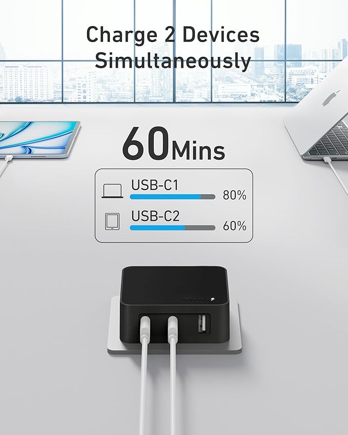 Nekmit 100W Flat USB C Charger Block, 3-Port GaN Fast Wall Charger(2*USB-C & 1*USB-A), USB C Wall Plug with Fixed Prongs for iPhone 17/16, MacBook Pro/Air, iPad, Galaxy and More