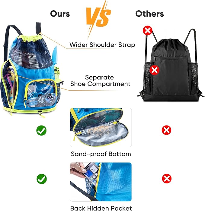 Mesh Drawstring Backpack with Shoe Compartment, Sandproof Beach Swim Bag with Wet Pocket, Pool Gym Shower Bag for Travel Summer Camp