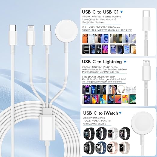 Upgraded Apple Watch Charger, 3 in 1 Multi Charging Cable 6FT, Magnetic Fast Charger, Portable Wireless Fast Charging Cable Cord for iWatch Series Ultra SE 3/11/10/9/8/7/6/iPhone17 16 15/14/13/12/11