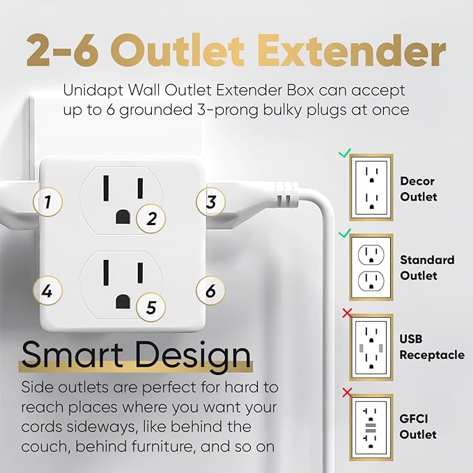 Multi Plug Outlet Splitter, Unidapt Multiple Outlets Extender Adapter with 6 AC Power Socket, Side Splitter Box, Wall Tap Plug Expander for Home Hotel Office Dorm Essentials 1-Pack, White