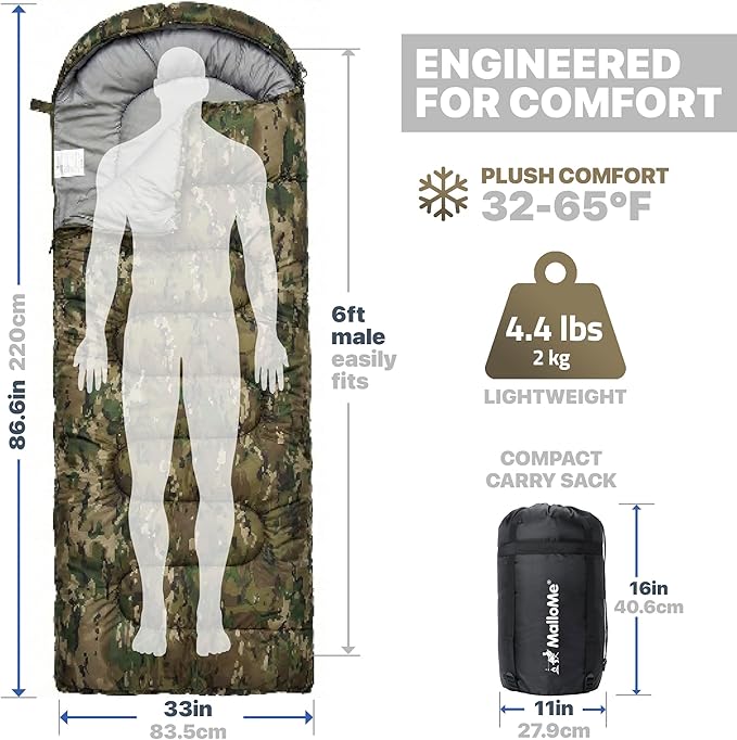 MalloMe Sleeping Bags for Adults Cold Weather & Warm - Backpacking Camping Sleeping Bag for Kids 10-12, Girls, Boys - Lightweight Compact Camping Essentials Gear Accessories Hiking Sleep Must Haves