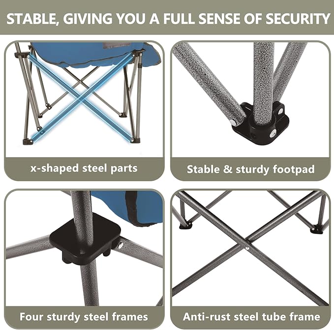 Colegence Oversized XL Padded Camping Chair Set of 2 Wide Heavy Duty Lawn Chairs Support 450 LBS Portable Folding Gaint Plus Camp Chair for Outdoor Outside Sports Baseball Soccer-Blue