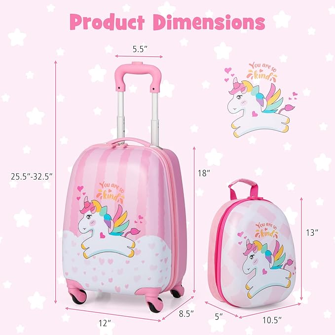 Goplus 2PC Kids Luggage, 12" & 16" Kids Carry On Luggage Set with 4 Spinner Wheels, Lightweight Rolling Spinner Suitcase for Children Toddlers Boys and Girls Travel