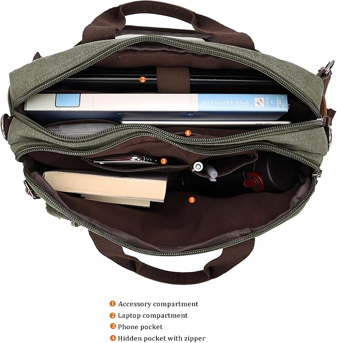 CROCOD 3 In 1 Canvas Convertible Laptop Bag for Men Women, 17.3 inch Laptop Messenger Bag Work Briefcase, Computer Shoulder Bag for Travel Business Office (Green, 17.3 Inch)