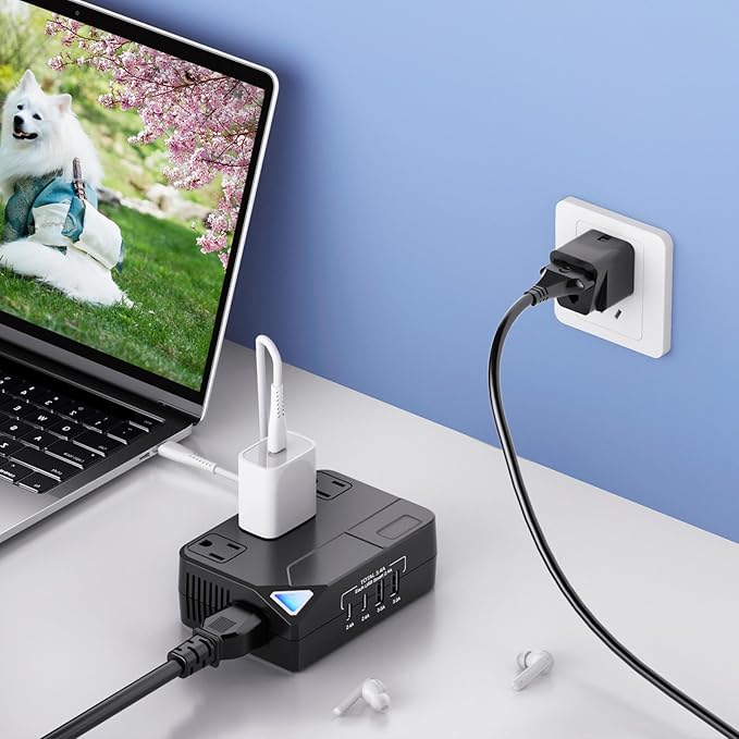 Universal 100V-220V Travel Converter，250W Voltage Converter with 2 USB and 2 USB-C Charging Ports and 3 AC Plugs for curlers, straighteners, Included Plugs are Type A, C, D, G, I, L
