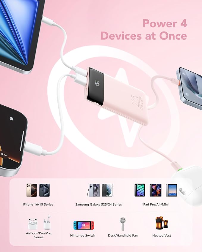 VEGER Portable Charger, Ultra Slim 22.5W Fast Charging with Built in Cable, Flight-Safe 10000mAh USB C Power Bank Battery Pack, Travel Essential Phone Powerbank for iPhone 17 16 Samsung S25 Google etc
