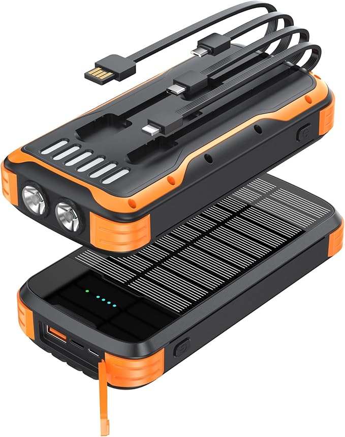 MINRISE Solar Power Bank 40000mAh, Portable Charger PD 20W Fast Charging Solar Charger Power Bank Built in 4 Cables and USB-C in/Output, Camping Essentials External Battery Pack with Flashlights