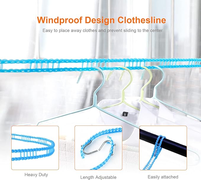 2 Pack Windproof Clothes Line with Hooks 16.4 feet Blue Nylon Clothesline