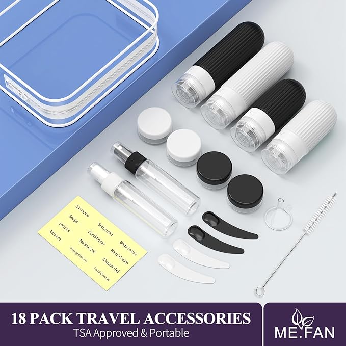 ME.FAN 18 Pack Travel Bottles for Toiletries, TSA Approved Silicone Portable Size Bottle, Refillable Cosmetic Container Kits for Conditioner, Shampoo, Lotion,Face Cream - Black/White