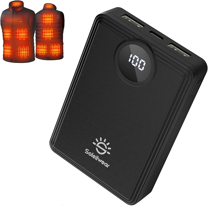 Soleilwear Power Bank for Heated Vest 12000mAh/5V, Portable Charger Battery Pack, Compatible Heated Vest, Heated Clothes and Electronic Devices, TSA Friendly