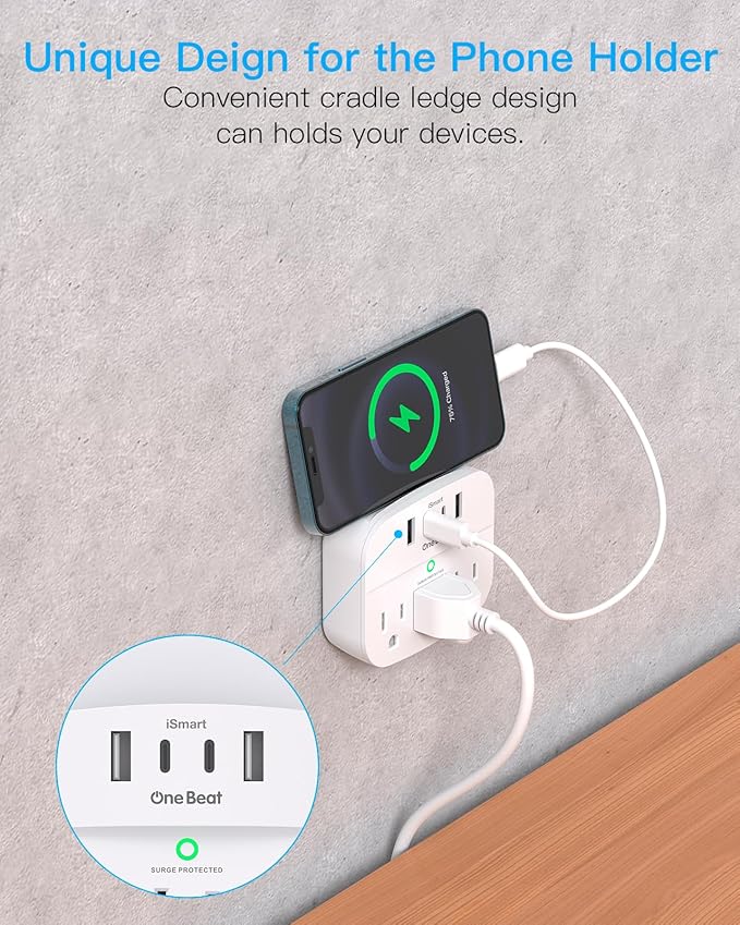 1 Pack Multi Plug Outlet Splitter, 490J Surge Protector Outlet Extender with 3 AC Outlets and 4 USB Wall Charger (2 USB C Ports), Small Adapter for Dorm Room and Travel Essentials, ETL Listed, White