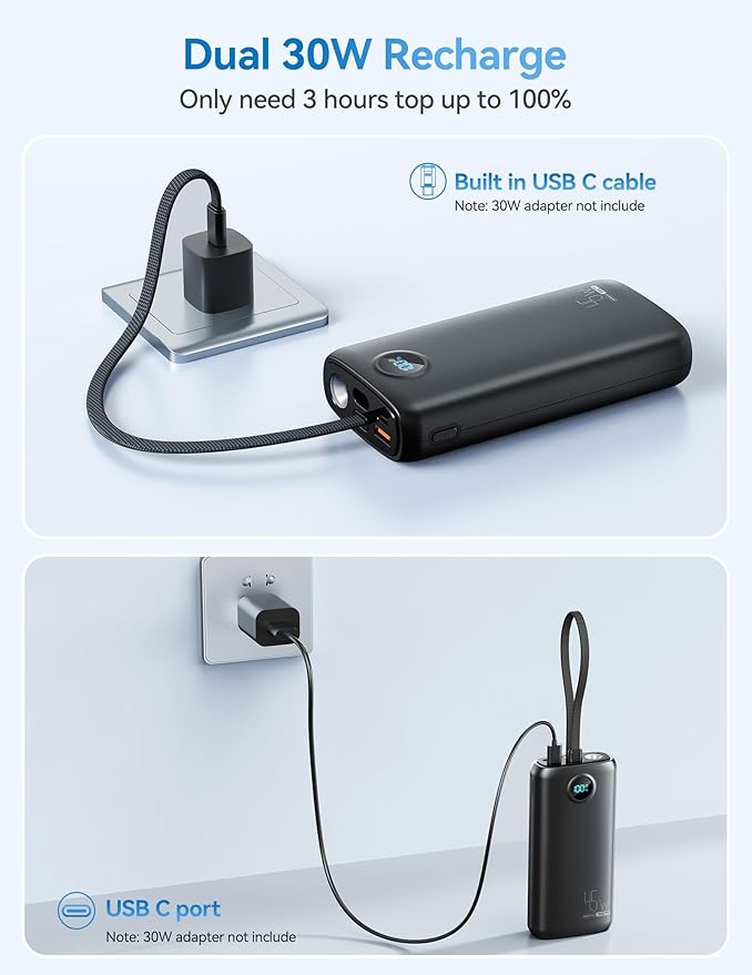 Portable Charger, 45W 20000mAh Power Bank with in/Out Fast Charging USB C Cable, 3W Flashlight, LED Display, Portable Battery Pack Travel Essentials for iPhone 17/16/15, Android Phone, Tablet, Laptop