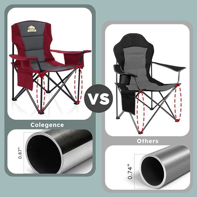 Colegence Oversized Folding Camping Chairs - 450 LBS Support Heavy Duty Camp Chair with Padded Cushion, Portable Outside Chairs with Carry Bag，Cooler, Cup Holder for Outdoor, Lawn, Sports - Red