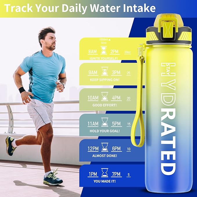 QLUR Water Bottle with Straw, 32oz Motivational Water Bottles with Time Marker to Drink, Tritan BPA Free, 1L Sports Water Bottle with Carry Strap LeakProof for Women Gym Fitness Outdoor (1 Pack)