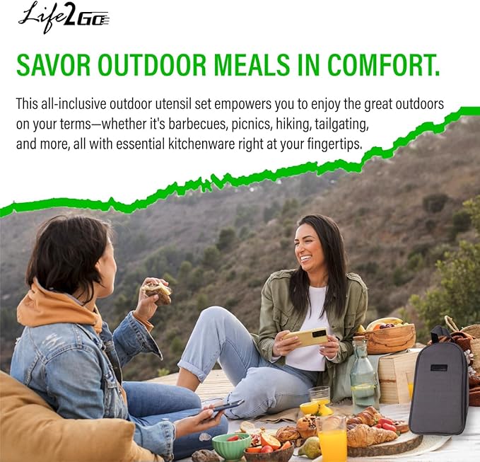 Life2Go 12 Piece Stainless Steel Camping Cooking Utensils Set, Portable Outdoor Kitchen Kit with Chef Knife, Tongs, Spatula, Scissors, Camp Cooking Gear with Carry Case for Hiking, BBQ & Travel, Gray