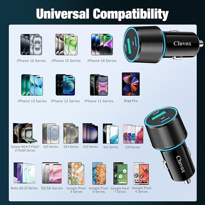 5 Pack 38W USB C Car Charger Adapter, 20W Fast USBC & 18W Rapid QC3.0 Ports, 12V Cigarette Lighter Adapter, Type C Auto Plug Outlet Accessories for iPhone 17 16 15 14, Samsung S26, Android Cell Phone