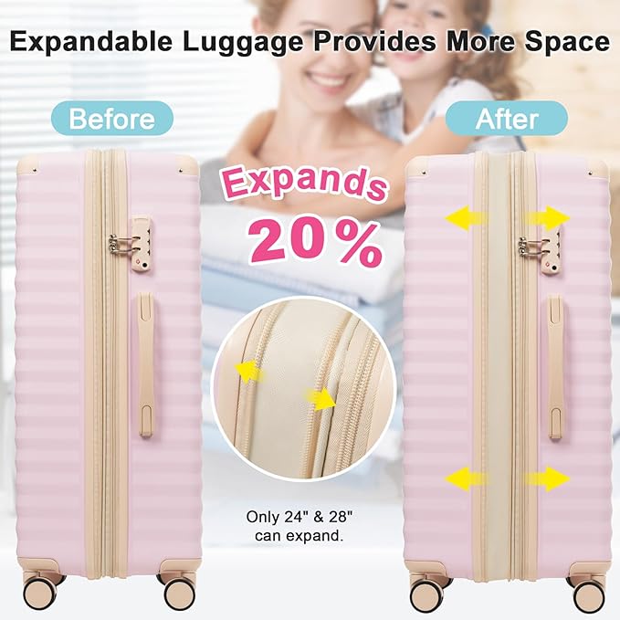 5 Piece Luggage Set w/TSA Locks & USB Port, Front Opening Hard Shell Luggage Sets, Expandable Suitcase Set with Wheels and Cup Holder(20"/24"/28") (Pink)
