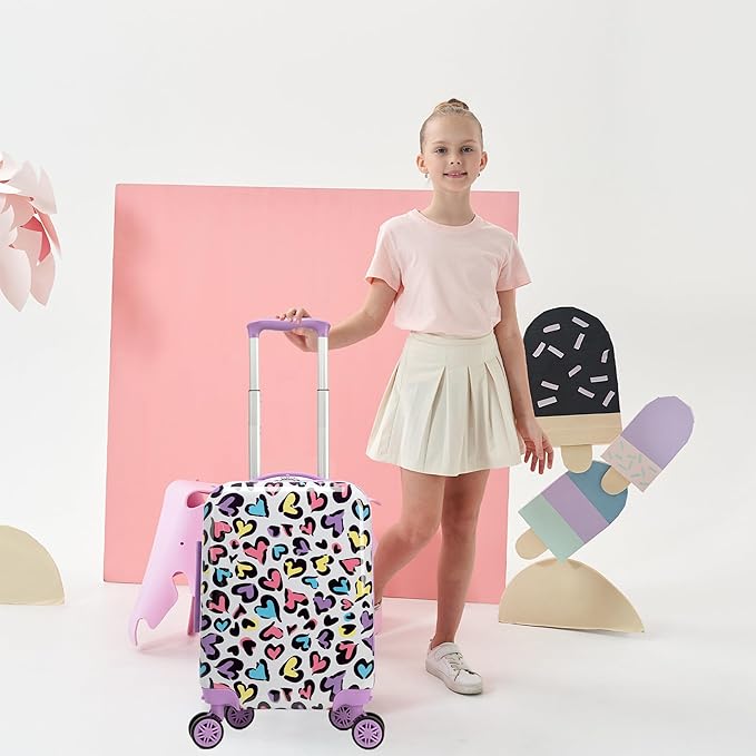Kids Luggage with Spinner Wheels 5 Piece Carry on Suitcases for Girls Backpack with Lunch Box Pencil Case 16" Toddler Suitcase Set Airline Approved (Bainbow Leopard)