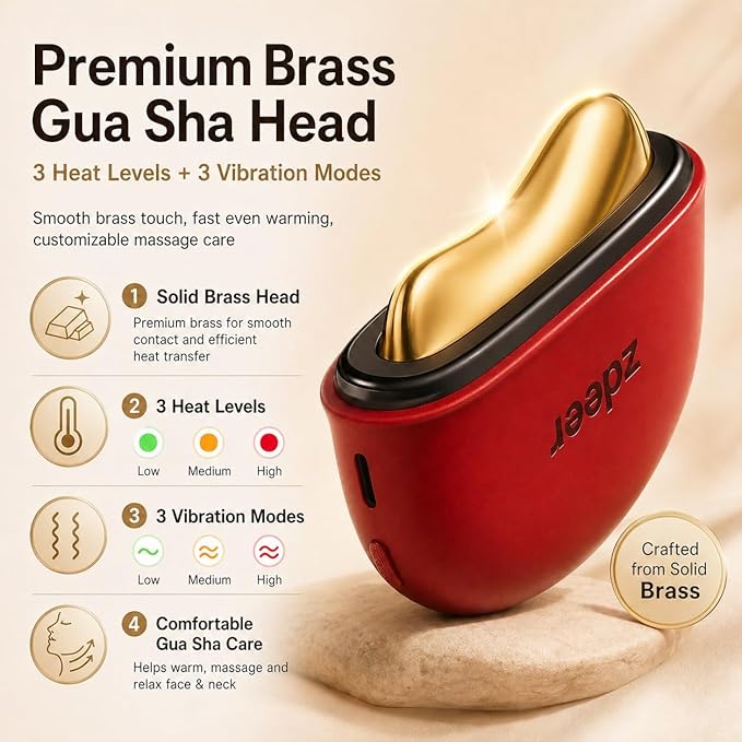 ZDEER GS5 Electric Heated Gua Sha Facial Sculpting Tool with Vibration, LED Red Light Therapy Face & Neck Massager, Skin Firming Device, Premium Gift for Women Mom, Includes 2 × 10ml Massage Oil, Red