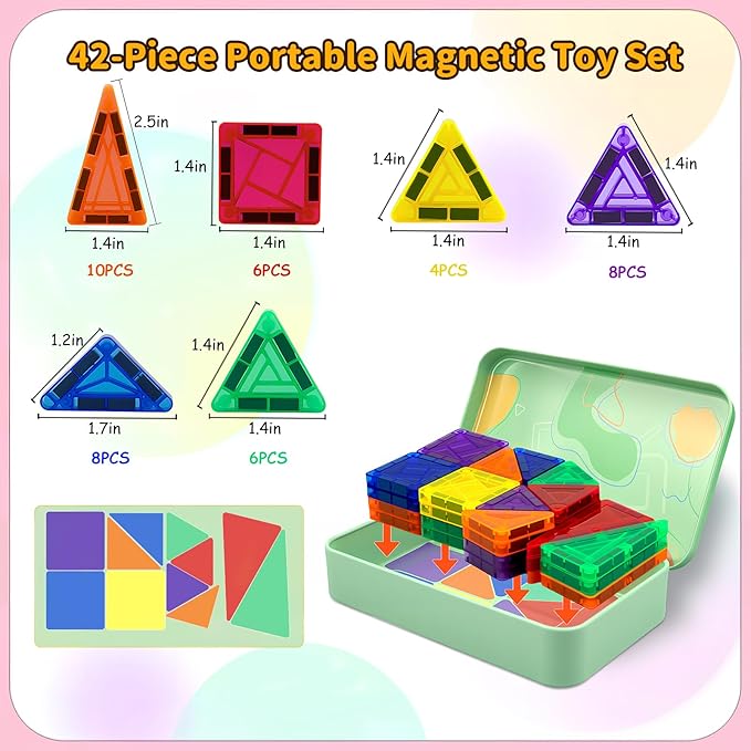 Magnetic Tiles 42PCS 0.8in Portable Magnet Toys for Kids，Travel Magnetic Blocks with Metal Storage Box，Stacking Magnets Sensory Tiles for Toddlers Ages 3+