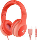 ADOOPE Wired Kids Headphones with USB C Plug, 85dB Safe Volume, Adjustable Headband, Tangle-Free Cord Headphones for School, Tablet, Travel (Coral Red & Soft Peach, with Microphone)