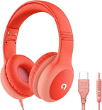 ADOOPE Wired Kids Headphones with USB C Plug, 85dB Safe Volume, Adjustable Headband, Tangle-Free Cord Headphones for School, Tablet, Travel (Coral Red & Soft Peach, with Microphone)