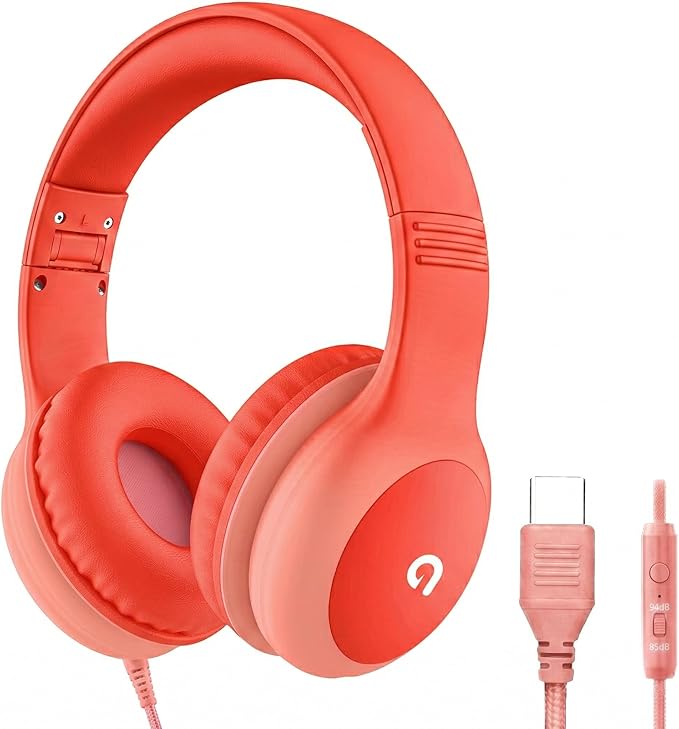 ADOOPE Wired Kids Headphones with USB C Plug, 85dB Safe Volume, Adjustable Headband, Tangle-Free Cord Headphones for School, Tablet, Travel (Coral Red & Soft Peach, with Microphone)