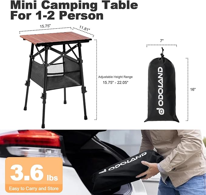 Odoland Portable Camping Table, 15.8"L x 11.8"W Folding Table with Adjustable Height 15.8" - 22", Small Beach Table with Storage Bag for Outdoor Camp, Cooking, Picnic, Travelling, Backyards, Fishing