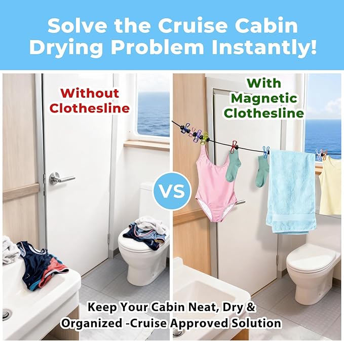 Magnetic Travel Clothesline - Cruise Ship Essentials & Must Haves 2026 - Stretches to 12ft Retractable Laundry Drying Line with Non-Scratch Magnetic Hooks, Positioning Beads & 12 Anti-Slip Clips