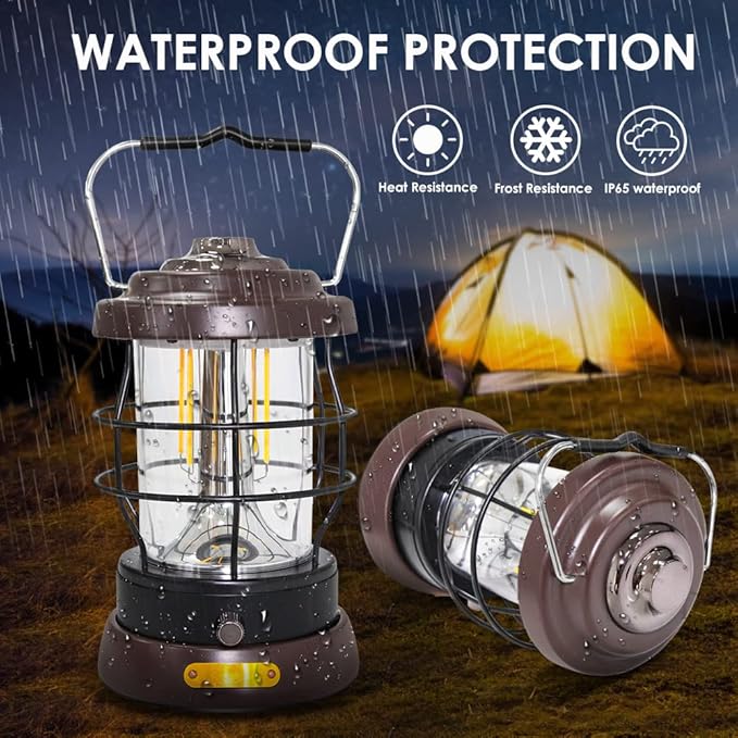 Retro Camping Lantern Rechargeable 1500LM 2 Modes Dimmable,Portable Electric Hurricane Lamp Hands-Free Flashlight,5000 mA High Capacity Battery LED Lanterns for Power Outages Indoor
