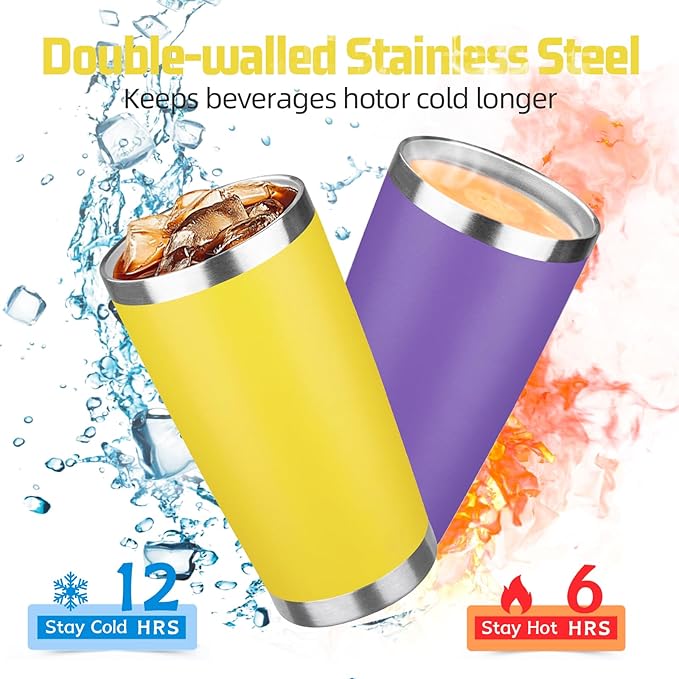20 oz Tumbler with Lids and Straws, Stainless Steel Insulated Travel Coffee Mug, Double Wall Vacuum Insulated Tumblers, Powder Coated Coffee Tumbler for Cold & Hot Drinks (Yellow, 6 Pack)