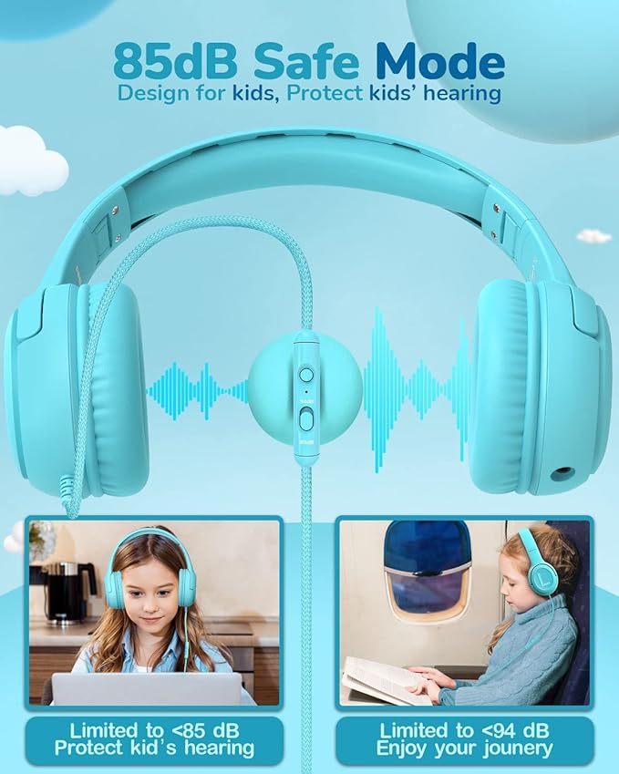awatrue Kids Headphones for School Travel, 85/94dB Safe Volume Limit, 3.5mm Jack, HD Mic, Portable Wired Headphone with Shareport, Stereo Sound On-Ear Headphones for Toddler Kids Girls Boys Blue