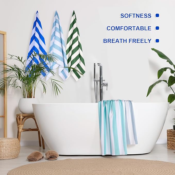 EBOOT 10 Pack Oversized Beach Towel Set Extra Large Pool Towels Microfiber Quick Dry Swim Blanket for Adult Women Men Face Hand Body Bath Travel Pool(Plain Color,36 x 72 Inch,Cabana Stripe)