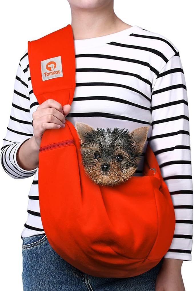 Tomkas Small Dog Cat Sling Carrier Puppy Purse Travel Wrap Soft Crossbody Pet Bag (Red, M - Zip Pocket & Classic Strap)