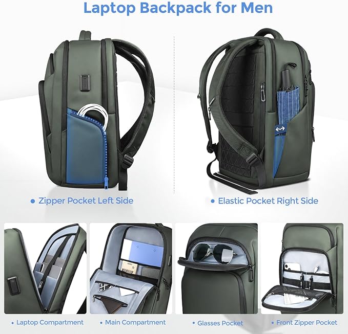 17.3 Inch Laptop Backpack for Travel Work Office College, 30L Water Resistant Casual Daypack, Lightweight Computer Backpack for Men Women, Business Laptop Bag with USB Charging Port - Green