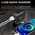 TRON Wall & Car Charger Travel Charging Station, 36W Dual USB-C & USB-A Fast Charger, Foldable for iPhone, iPad, Android, Earbuds – TR17