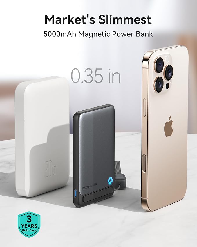 INIU Magnetic Portable Charger, Slim Qi2 Certified 5000mAh 20W Magnetic Power Bank, USB C in&Out Wireless Battery Pack Phone Charger, Only for iPhone 16/15/14/13/12 Series, Blue