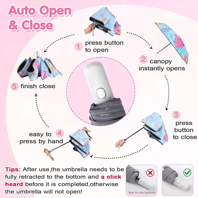 Kids Folding Umbrella Auto Open/Close Umbrellas for Rain Round Corner Safe Design UV Resistant Automatic Children Travel Umbrellas Reinforced Canopy 360° Reflective Strip Lightweight for Girls & Boys