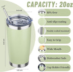 20 oz Tumbler with Lids and Straws, Stainless Steel Insulated Travel Coffee Mug, Double Wall Vacuum Insulated Tumblers, Powder Coated Coffee Tumbler for Cold & Hot Drinks (Green Tea)