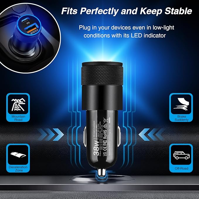 USB C Car Charger, 2 Pack 38W Dual Ports USB-C & USB-A Car Charger Adapter Fast Charging Cigarette Lighter Chargers for iPhone 17 Pro Max 16 16e 15, Samsung S24, Pixel Cargador para Carro Phone Plug