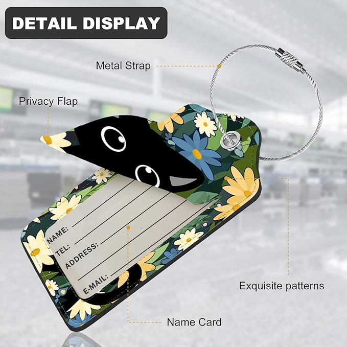 2Pack Luggage Tags for Suitcases, Cute Unique Pu Leather Cruise Luggage Tag with Privacy Cover ID Label Address Card and Metal Ring Suitable for Women Men Kids Travel Bag Yellow Flowers and Cats